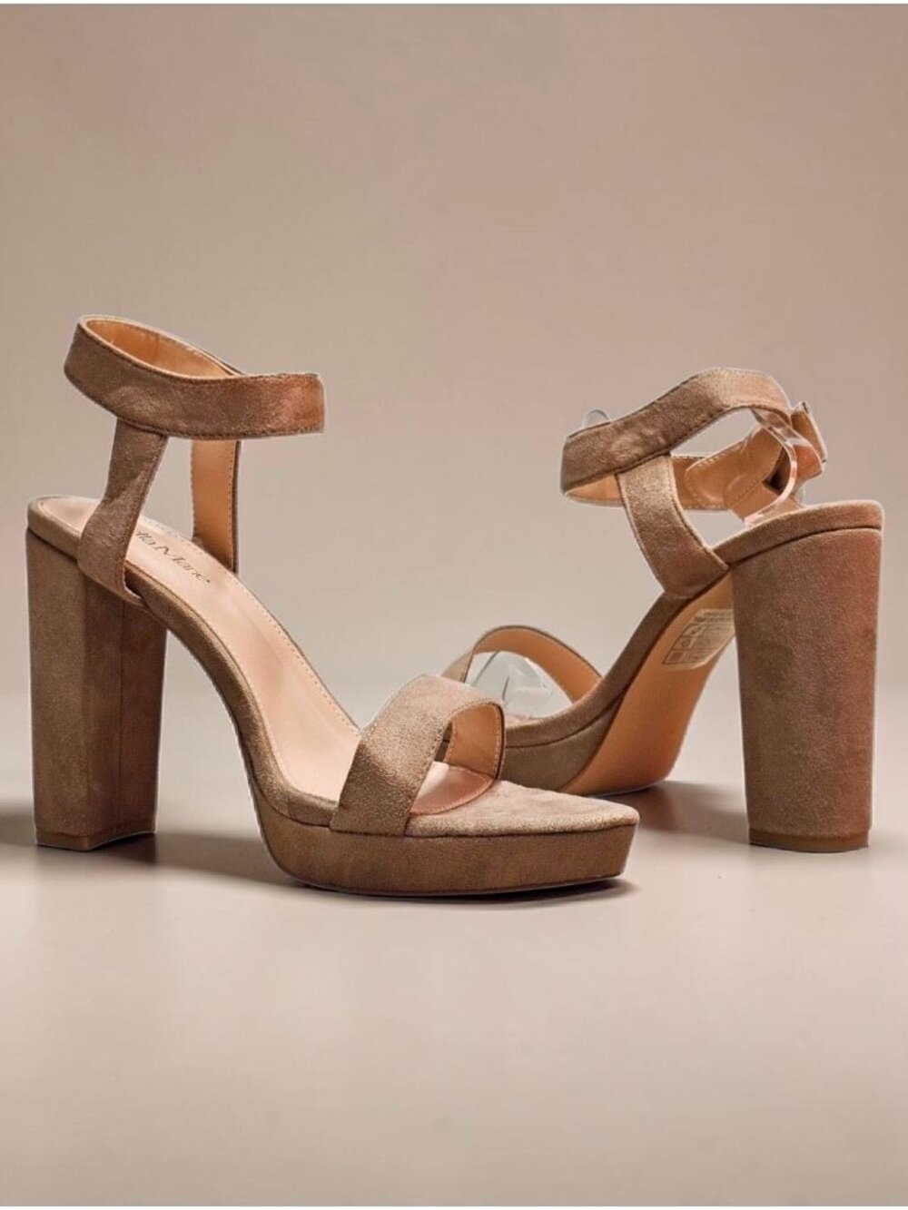 Taupe Faux Suede Block Heel Platform Sandals With Ankle Strap For Women